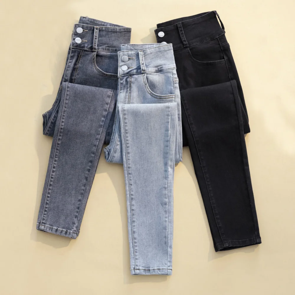 

Women High Waist Jeans 2023 Ladies Spring Double-Breasted Cropped Trousers Stretch Vintage Slim Denim Pencil Pants For Women