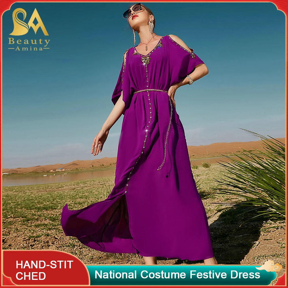 Muslim Robe Rose Purple Pure Hand-Sewn Drill Dubai Travel Dress Middle East Dress Women's National Clothing Festival Abaya Dress