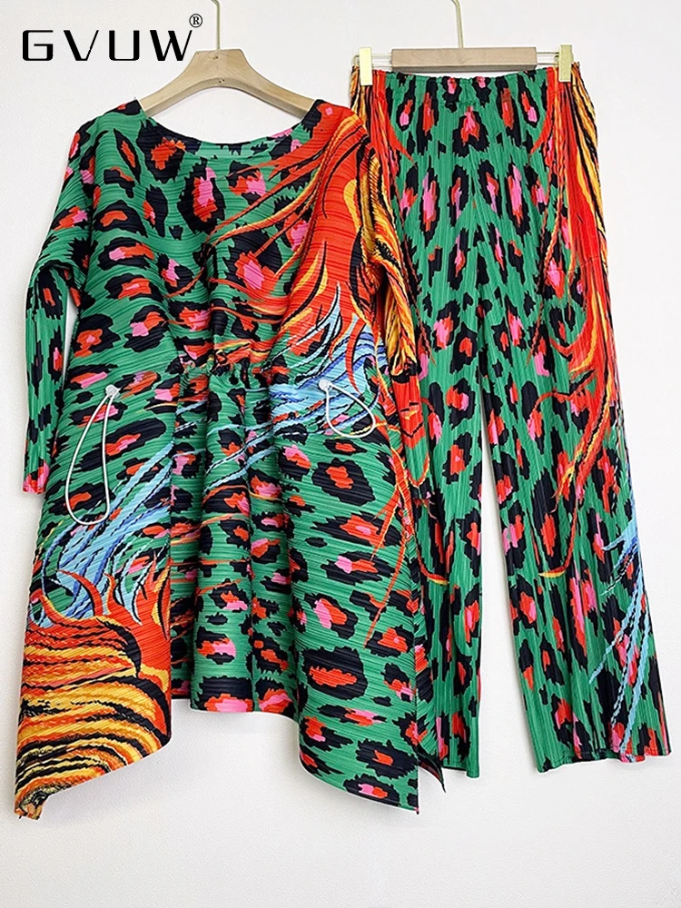 

GVUW 2023 Autumn Print Pleated Two Pieces Set Women Drawstring O-neck Top Wide Leg Pants Female Fashion Casual Clothing 17G0808