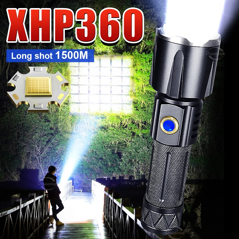 

Super Powerful Flashlight XHP360 LED Torch Flashlights Power USB Rechargeable Outdoor Zoom Tactical Lantern Long Shot Hand Light