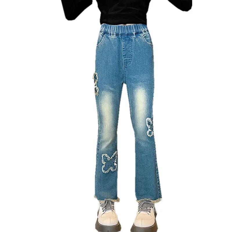 

Jeans for Girls Vintage Clothing Butterfly Design Autumn Elastic Waist Fashion Child Trousers Blue Denim Pants Korean Hot Deals