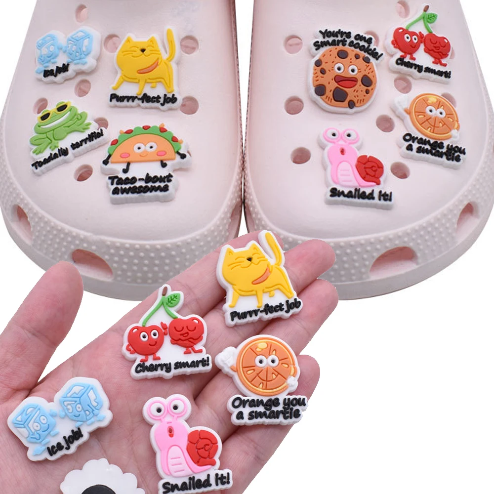 

Wholesale 1pcs PVC Shoe Accessories for Crocs Charms Food Phrase Badge Women Clogs Buckle Kids Pins Decoration Jeans Wristbands