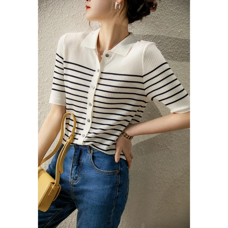 

Summer 2022 new French lazy Polo neck fresh stripe short sleeve lessel mulberry silk knitted cardigan