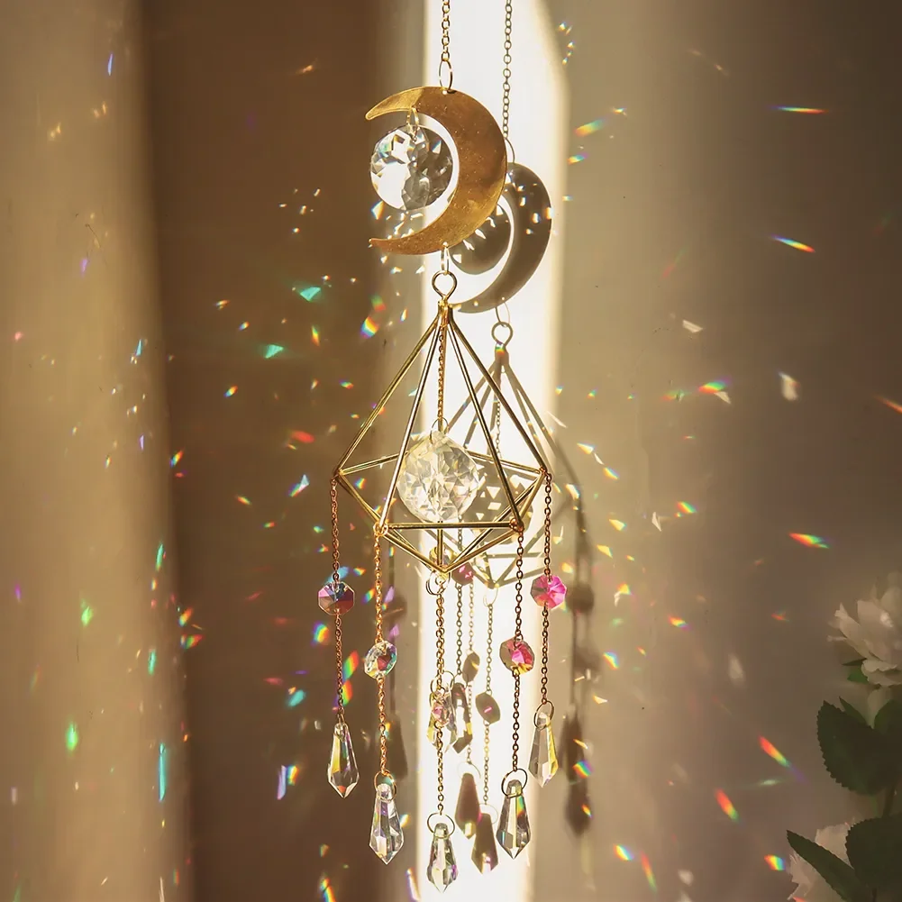 

2023NEW Crystal Wind Chime Star Moon Sun Catchers Windchimes Plated Colorful Beads Hanging Drop for Outdoor Indoor Garden Decor