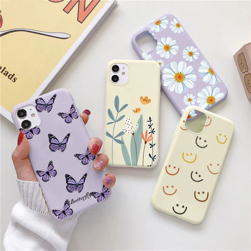 

Luxury Flower Case For iPhone 12 Mini 11 13 Pro Max X XR XS Max 7 8 6 6s Plus 5 SE 2020 Soft TPU Bumper Matte Smiley Back Cover