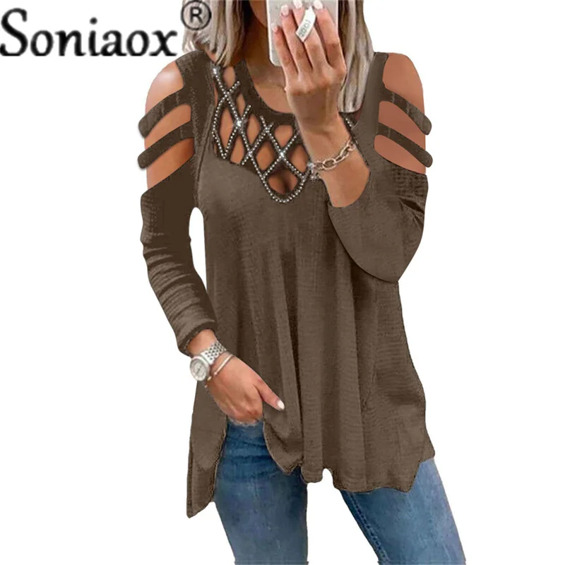 Купи Sexy Off The Shoulder V Neck Diamonds Patchwork Shirts Tops Summer Women Hollow Out Long Sleeve Solid Color Loose Casual T-Shirt за 599 рублей в магазине AliExpress