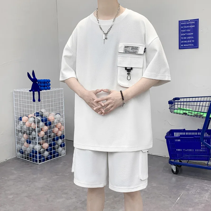 Waffle short sleeve suit summer casual white shorts ordinary Korean version hoodless suit industrial men's trend