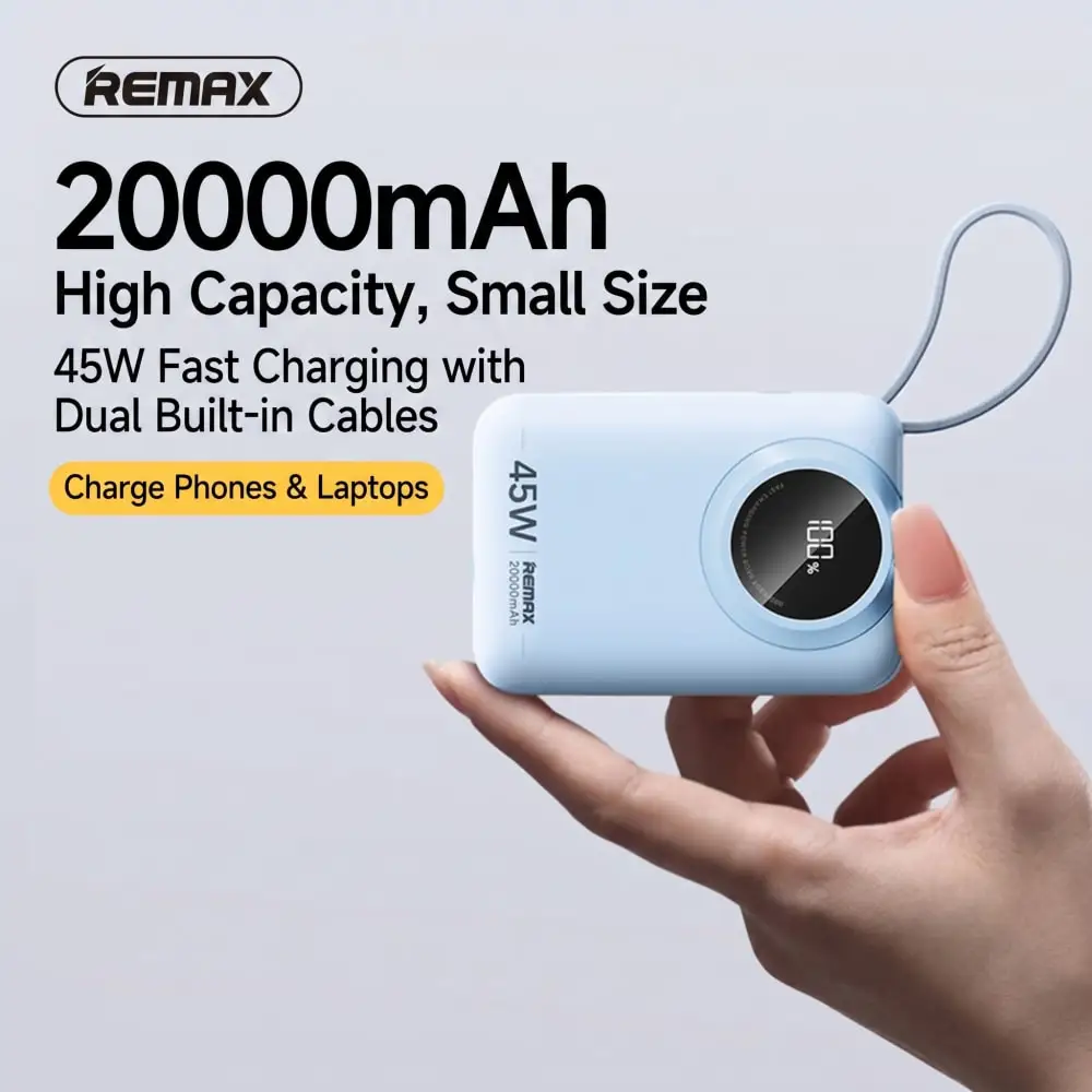 Фото Мини-аккумулятор Remax 20000 мАч со встроенным кабелем, внешний аккумулятор для телефона, зарядное устройство Powerbank, быстрая зарядка для iPhone, Samsung, Xiaomi №1