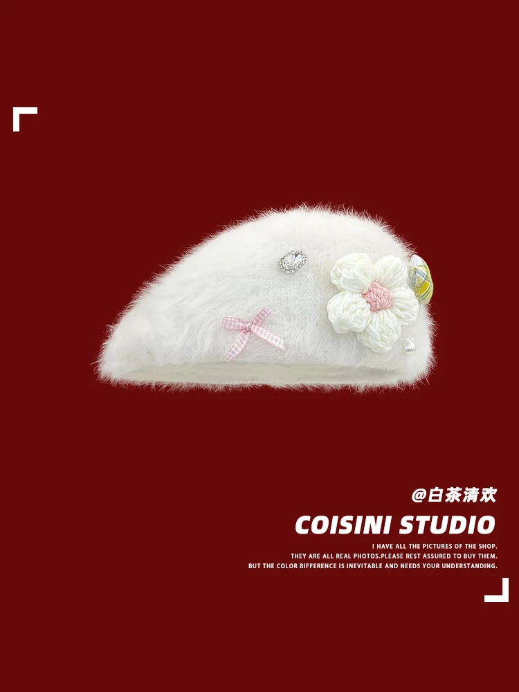 Новинка 2024 милая шапка с имитацией кроличьего меха и цветами модная