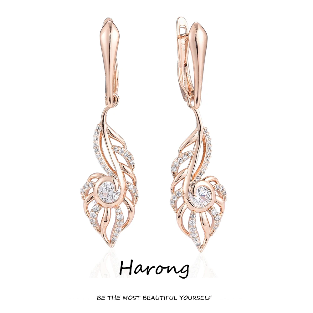 

Harong Copper Flower Leaves Dangle Earrings Rose Gold Color Inlaid Crystal Luxury Aesthetic Jewelry Drop Earring for Women Girls
