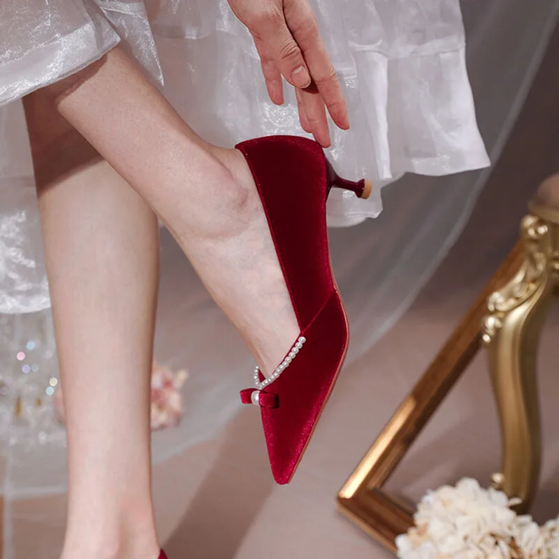 Свадебные туфли Phoentin с жемчугом бархатные элегантные на среднем тонком каблуке