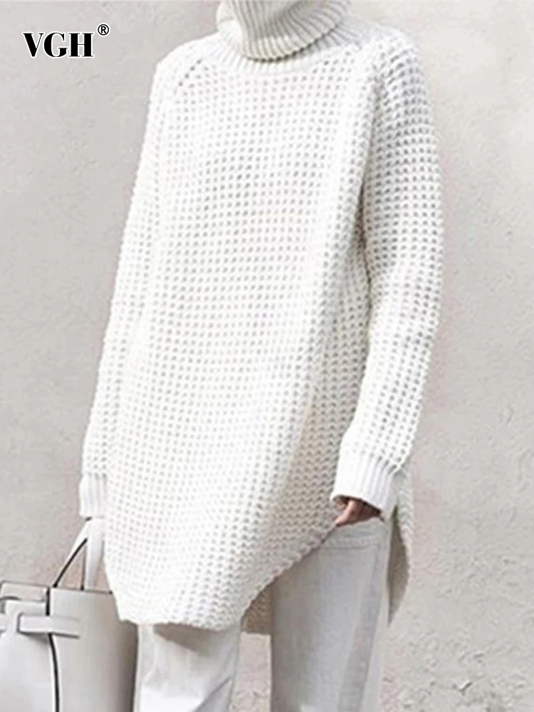 

Однотонные вязаные свободные свитера VGH для женщин, водолазка с длинным рукавом и разрезом, минималистичный пуловер до бедра, свитер, женский модный стиль