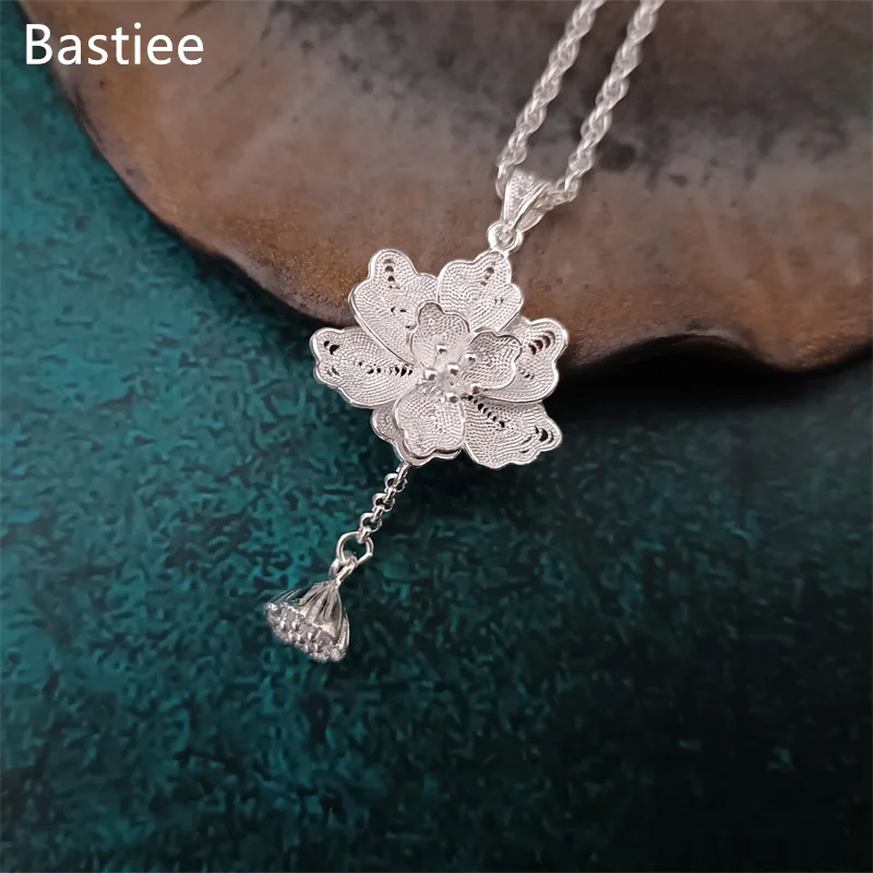 

Bastiee Original Design Lotus Pendants S999 Pure Silver Sweater Necklace Drop Hmong Handmade Wire Drawing Workmanship Pendentifs