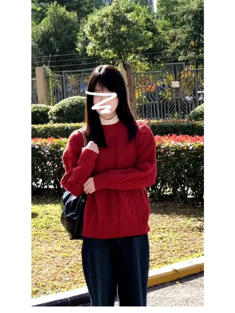 Красный облегающий пуловер в стиле ретро женский осенне-зимний дизайн трикотаж