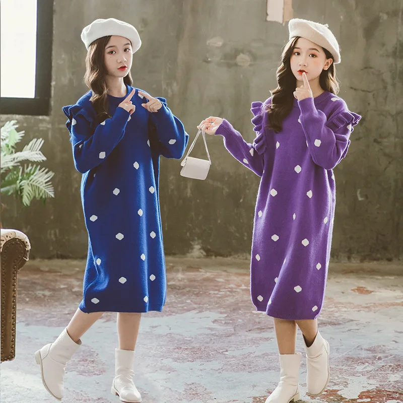 

4Y To 14Y Kids and Teen Girls Knitting Dress Autumn 2022 New Korean Children Casual Clothes Cute Polka Dot Straight Dress A406
