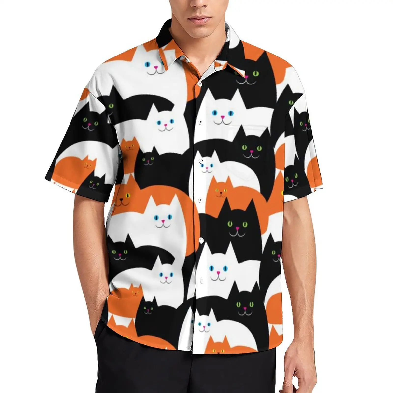 

Пляжная рубашка с котом на Хэллоуин, мужские забавные Коты, повседневные рубашки с коротким рукавом для трюка или подарка гавайским Харадзю...