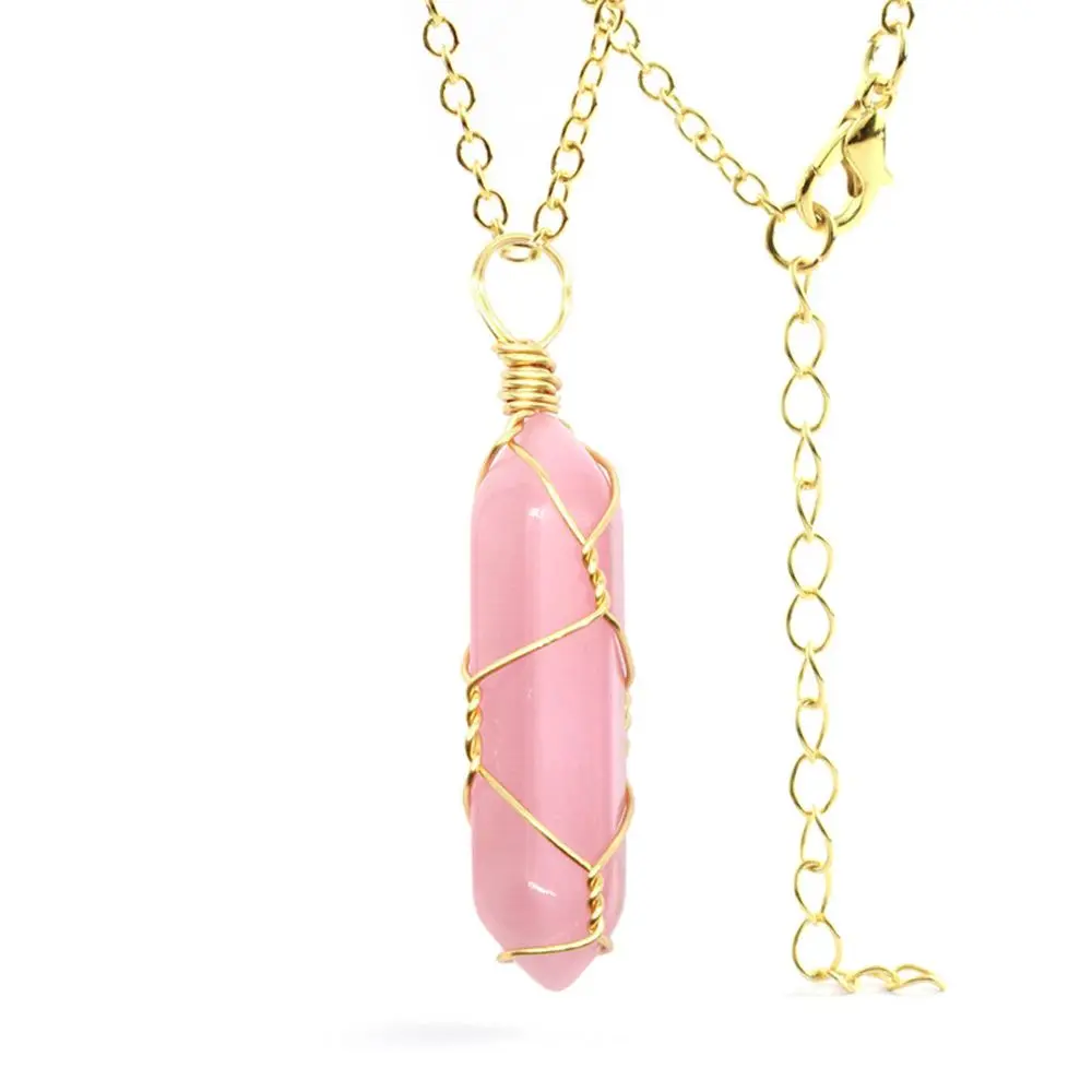 Natural Stone Hexagonal Pillar Winding Pendant Necklace Energy Colorful Crystal Charm Chain Jewelry for Women |