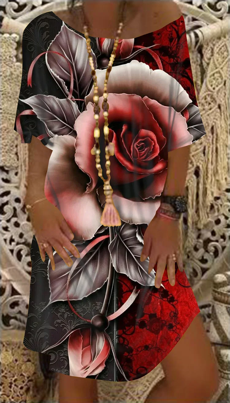 

2022 Elegant Vintage Rose Flower Print Dress Women Summer New Short Sleeve Sweet Casual Garden Collar Off Shoulder Vestidos