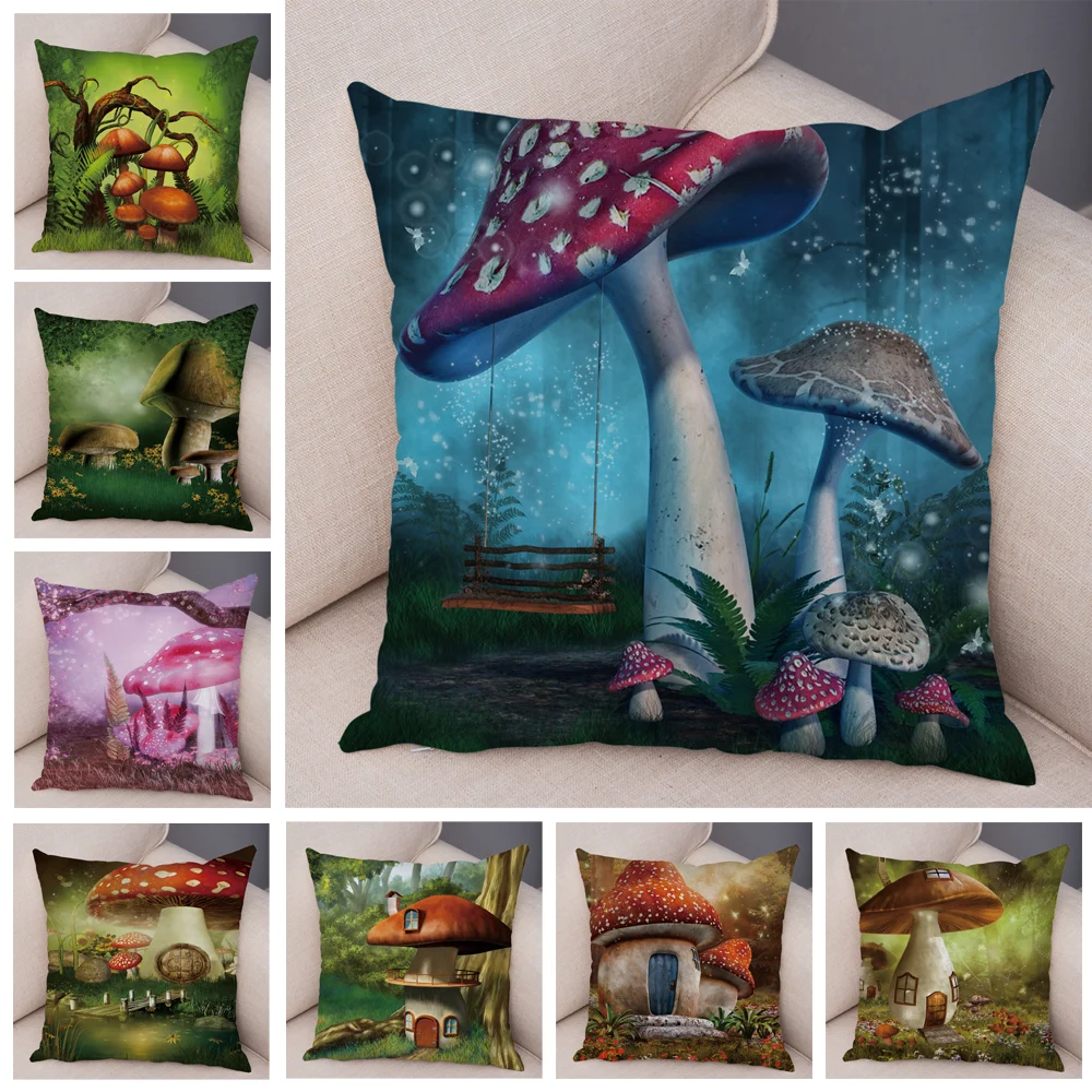 Fantasy Forest Mushroom House Cushion Cover Both Sides Throw Pillow Case for Sofa Home Car Decor Cartoon Fairy Tale Pillowcase