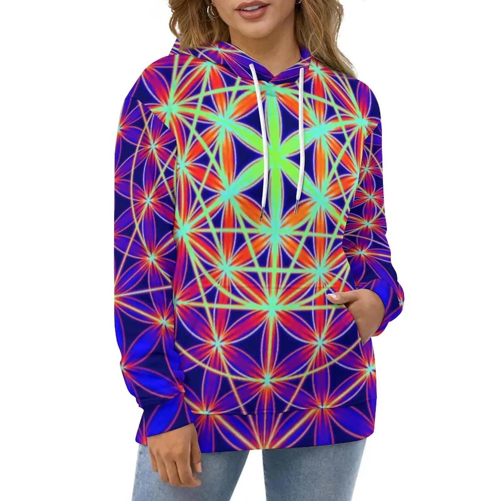 

Повседневные толстовки с геосвященным принтом, психоделический цветок жизни, забавная Толстовка с длинным рукавом, уличная мода, свободные...