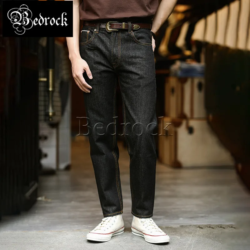 MBBCAR 14.5oz classic vintage one washed high quality red edge denim cropped pants black Amekaji slim skinny jeans for men 7402