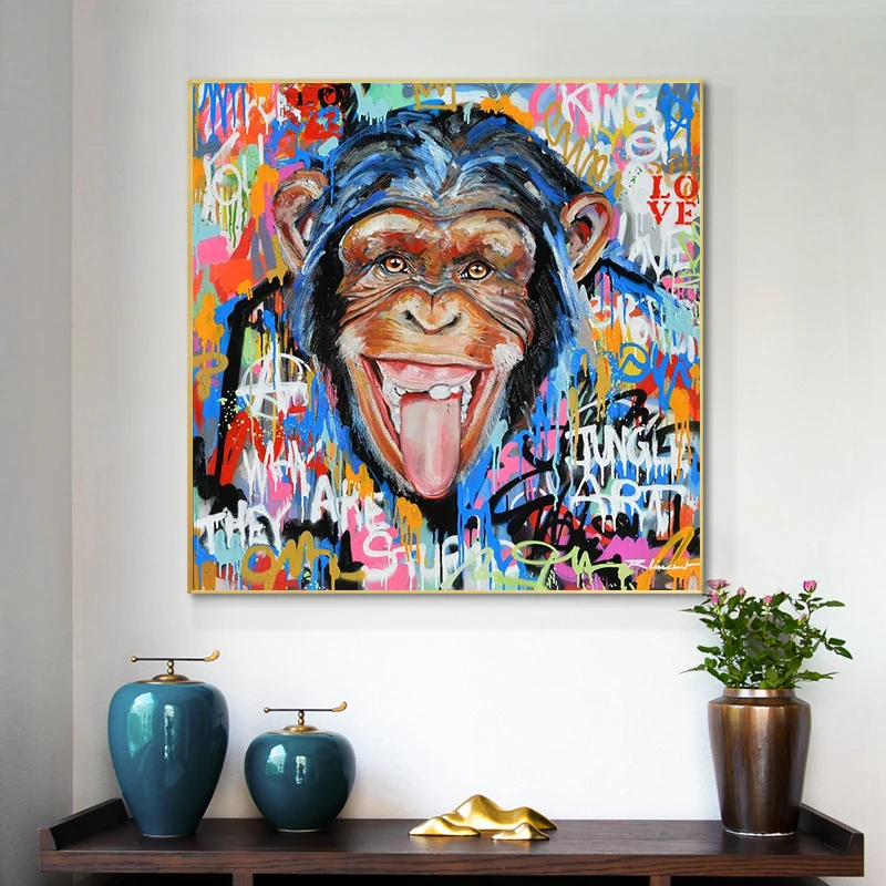 

Funny Monkey Pop Street Art Posters And Prints Abstract Animals Graffiti Art Canvas Paintings On the Wall Art Picture Home Decor