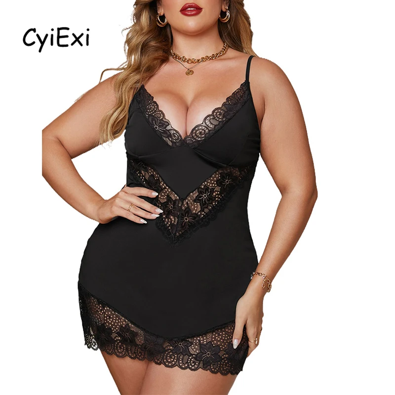 

CyiExi Black Plus Size Lace Nightgown Women Sexy Sleeveless Babydoll Lingerie Mini Dress Set + Thong Female Night Sleepwear 5XL