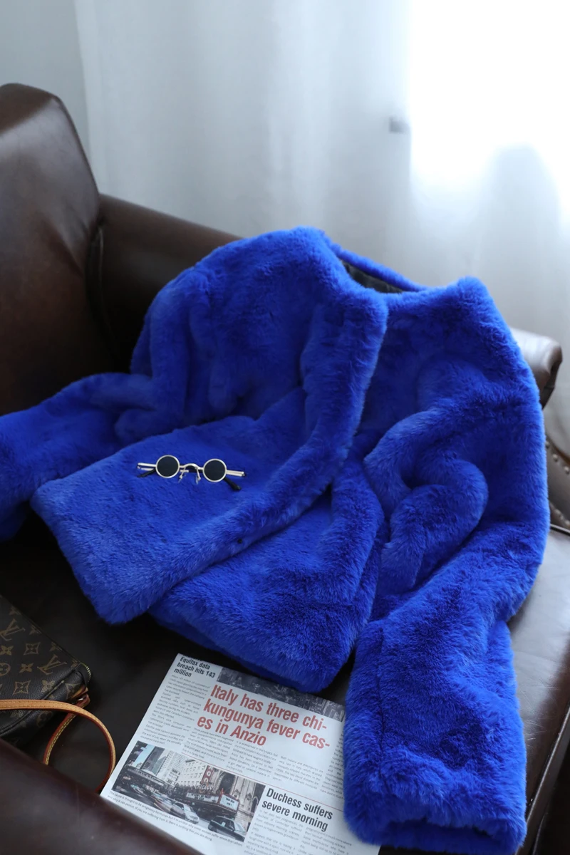 Long Sleeve Fur Coat New Women's Fashion Blue Environmental Protection Rex Rabbit Fur Short Coat Winter Faux Fur Jacket
