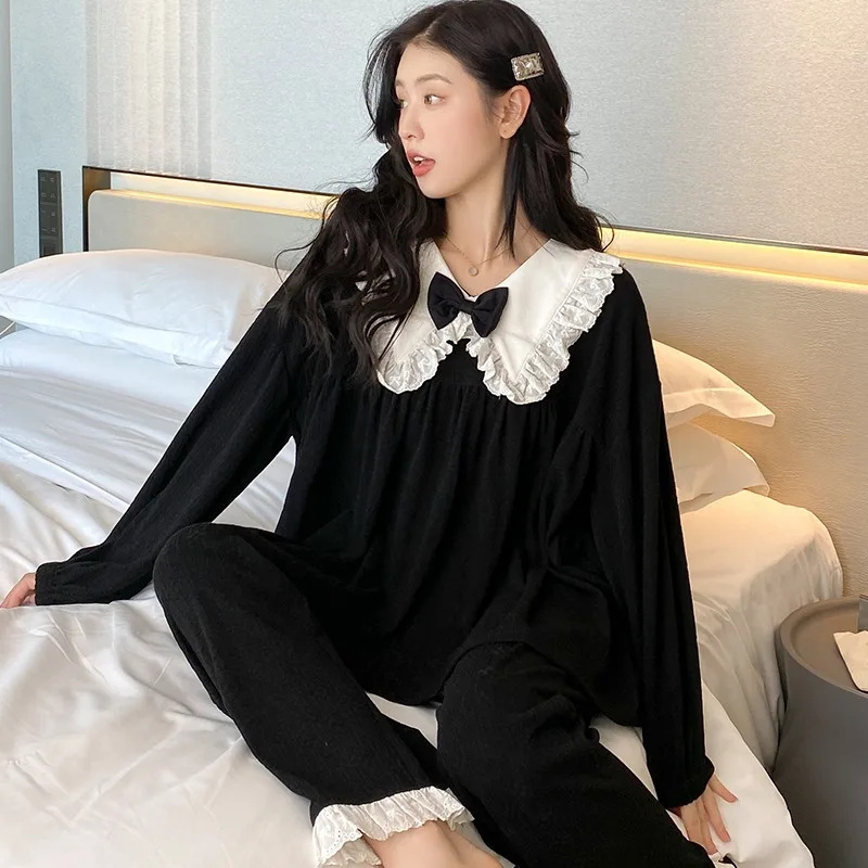

Cotton Pajamas Women's Autumn Winter Cute and Sweet Palace Princess Style Long-sleeved Solid Color Ins Girl's Home Clothes Set