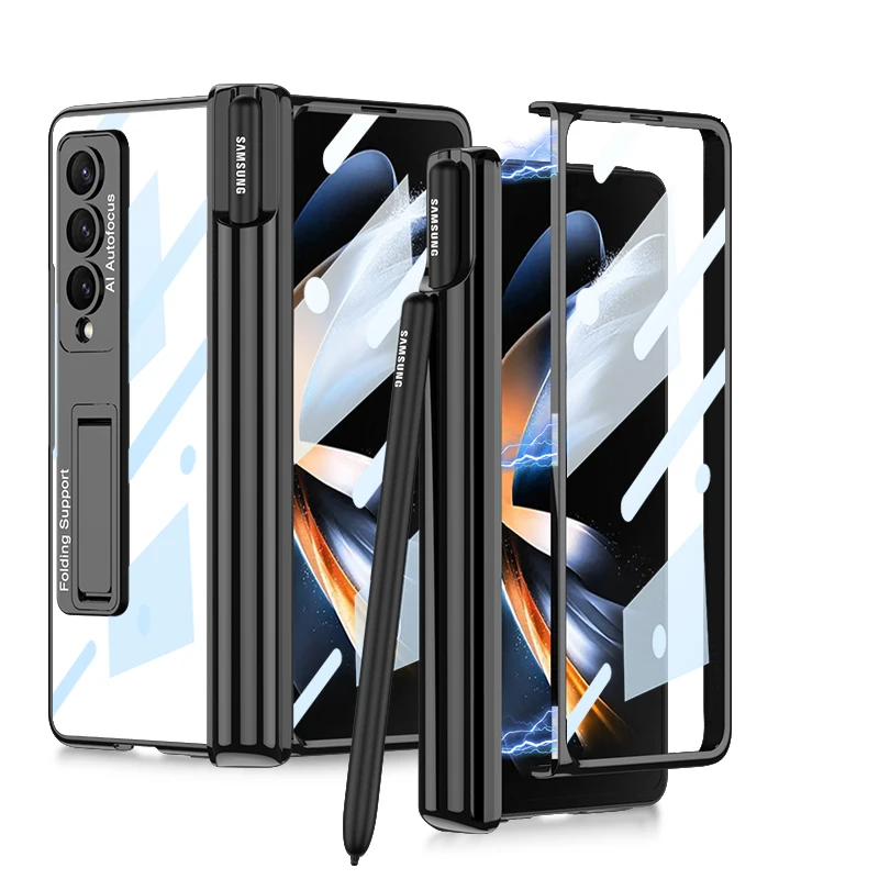 

For Samsung Galaxy Z Fold 4 5G Fold4 Case Transparent Magnetic Hinge Pen Holder With Tempered Glass Film Bracket Shockproof Case