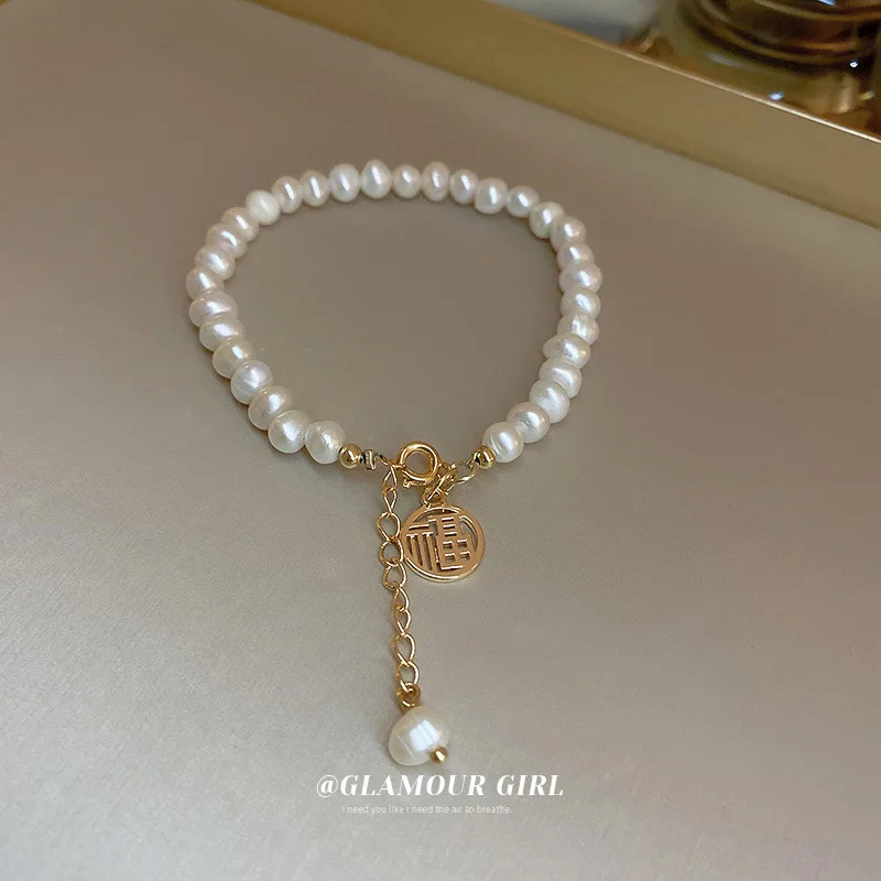 

Minar Sweet Freshwater Pearl Beads Bracelet for Women Gold Color Hollow Chinese Letter Coin Charm Bracelets Casual Accessories