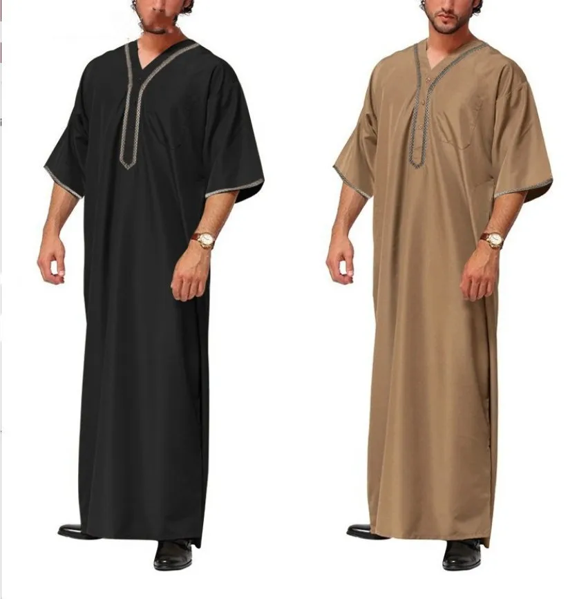 Men Vintage Half Sleeve Muslim Kaftan Robes Leisure V Neck Printed Jubba Thobe Solid Patchwork Arabic Clothes Plus Size S-5XL