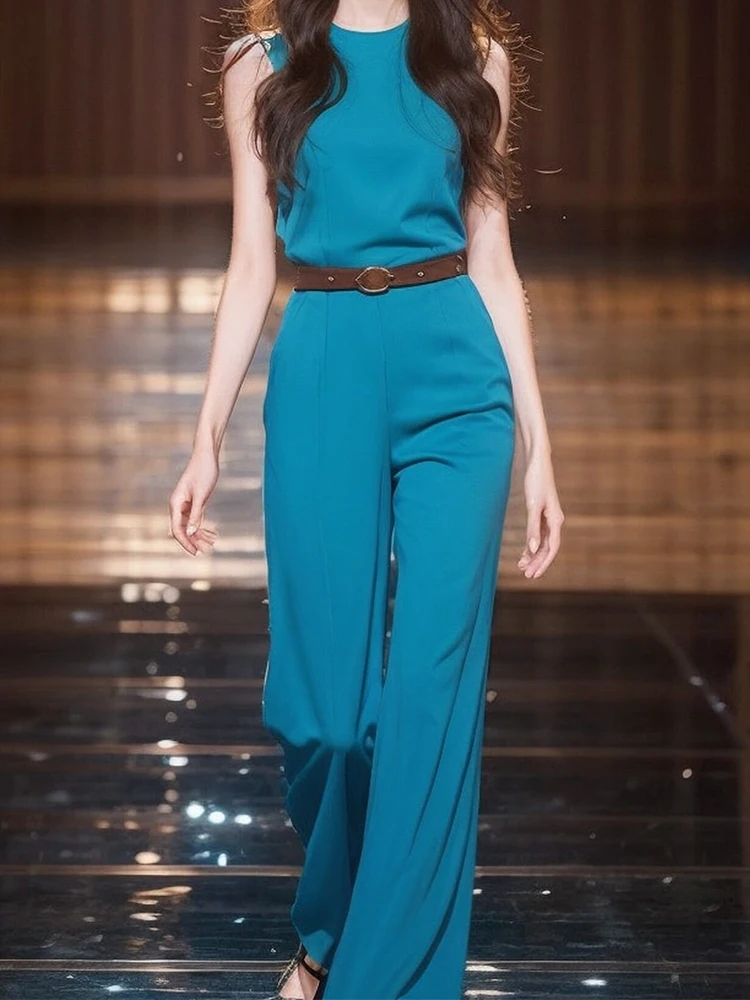 Женский офисный комбинезон без рукавов элегантный синий с круглым вырезом лето