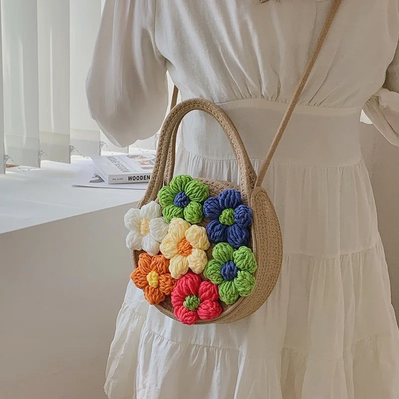 

Hand Made Ins Cotton Rope Woven Bag DIY Flower Bag Shoulder Handbag Vacation Beach Bag Simple Messenger Bag Bolso Mujer