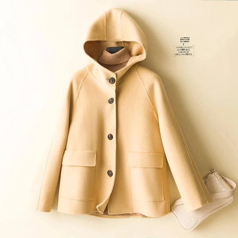 2023 Autumn Winter Coat Women Woolen Jacket Korean Single-Breasted Double-Sided Hooded Cashmere Outerwear Black Khaki Clothes