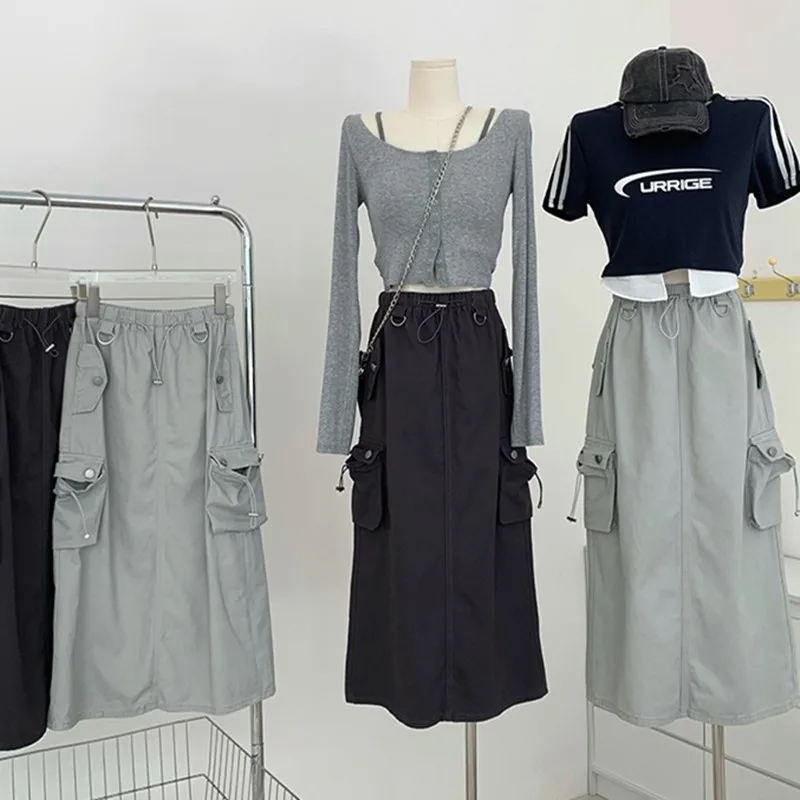

Lauri Laki New Drawstring Cargo Skirt for Women Harajuku Casual Split Pocket Long Skirt Spring Summer 2023 Korean Style