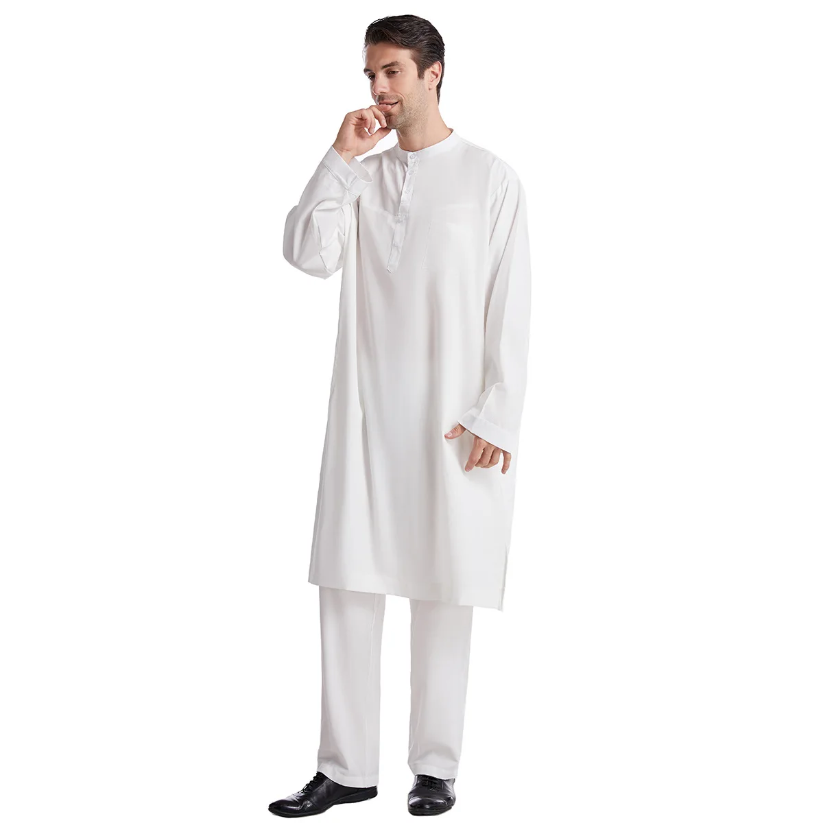 Ramadan Eid Muslim Fashion Men's Robe Set Button Crew Neck Casual Middle East Arabic Abaya Dubai Two Piece Suit Islamic Clothing