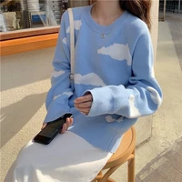 korean cartoon cloud sweater chic casual oversized all match knitted pullover tops blueblack fall spring new pull jumpers women