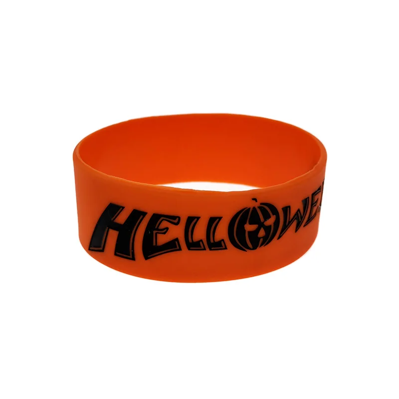 

Силиконовый браслет Hello Ween шириной в один дюйм, оранжевого и черного цвета для музыкальных фанатов