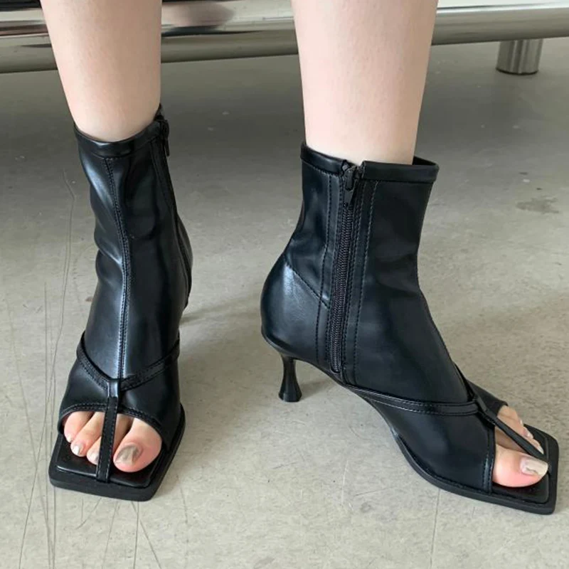 

Женские ботильоны с открытым носком, на квадратном каблуке, серебристые сандалии с молнией, модная повседневная обувь, 2022