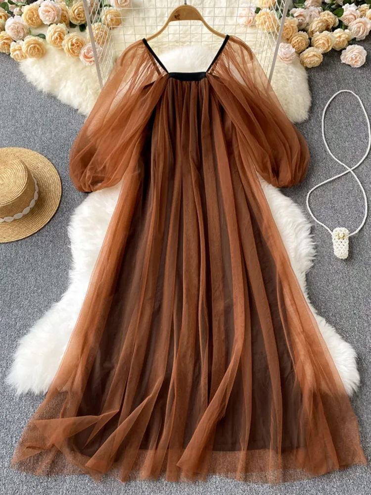 

Summer Retro Lantern Sleeve French Square Neck Mesh Dress with Gentle Temperament Hepburn Style Long Vestidos Women Y039