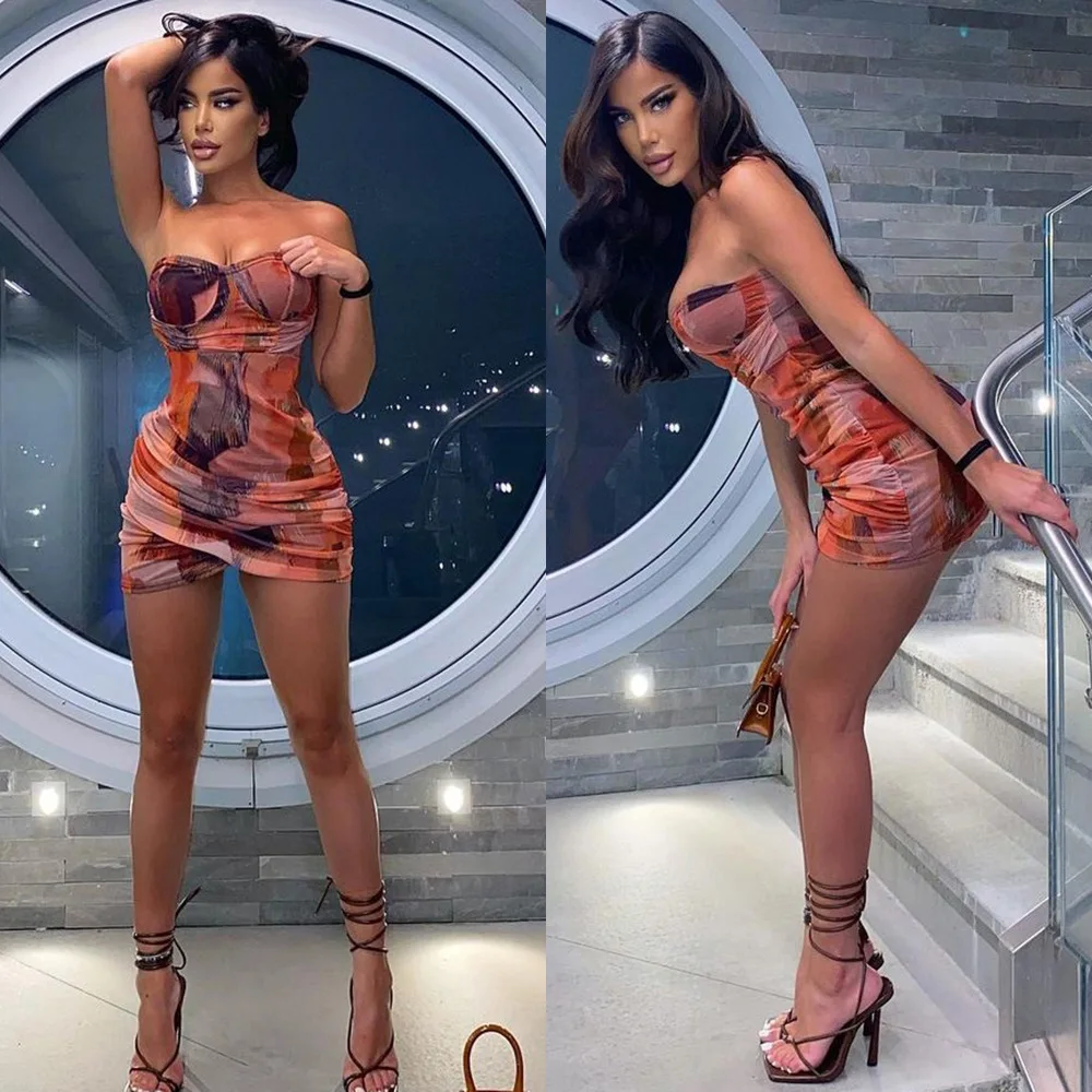 

Mandylandy Women Elegant Dress Lady Fashion Harajuku Strapless Off Shoulder High Waist Corset Ruched Evening Party Mini Dress
