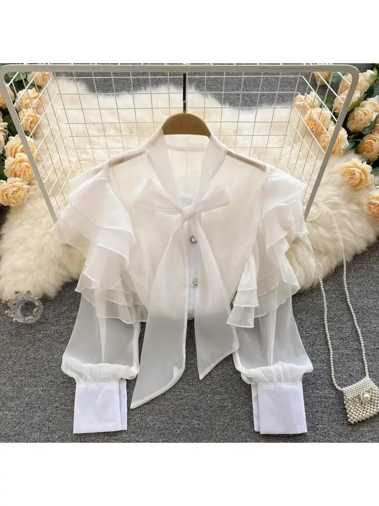 

Getspring Women Blouse Ruffles Transparent Lantern Sleeve Ladies Shirt Fashion All Match Solid Female Tops 2022 New Spring Top