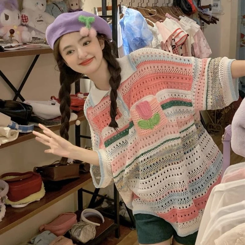 

DAYIFUN Sweet Hollow Out Knitting T-shirts Women's Summer Thin Short Sleeve Knitted Splice T-shirt Tops Korean Loose Casual Tees