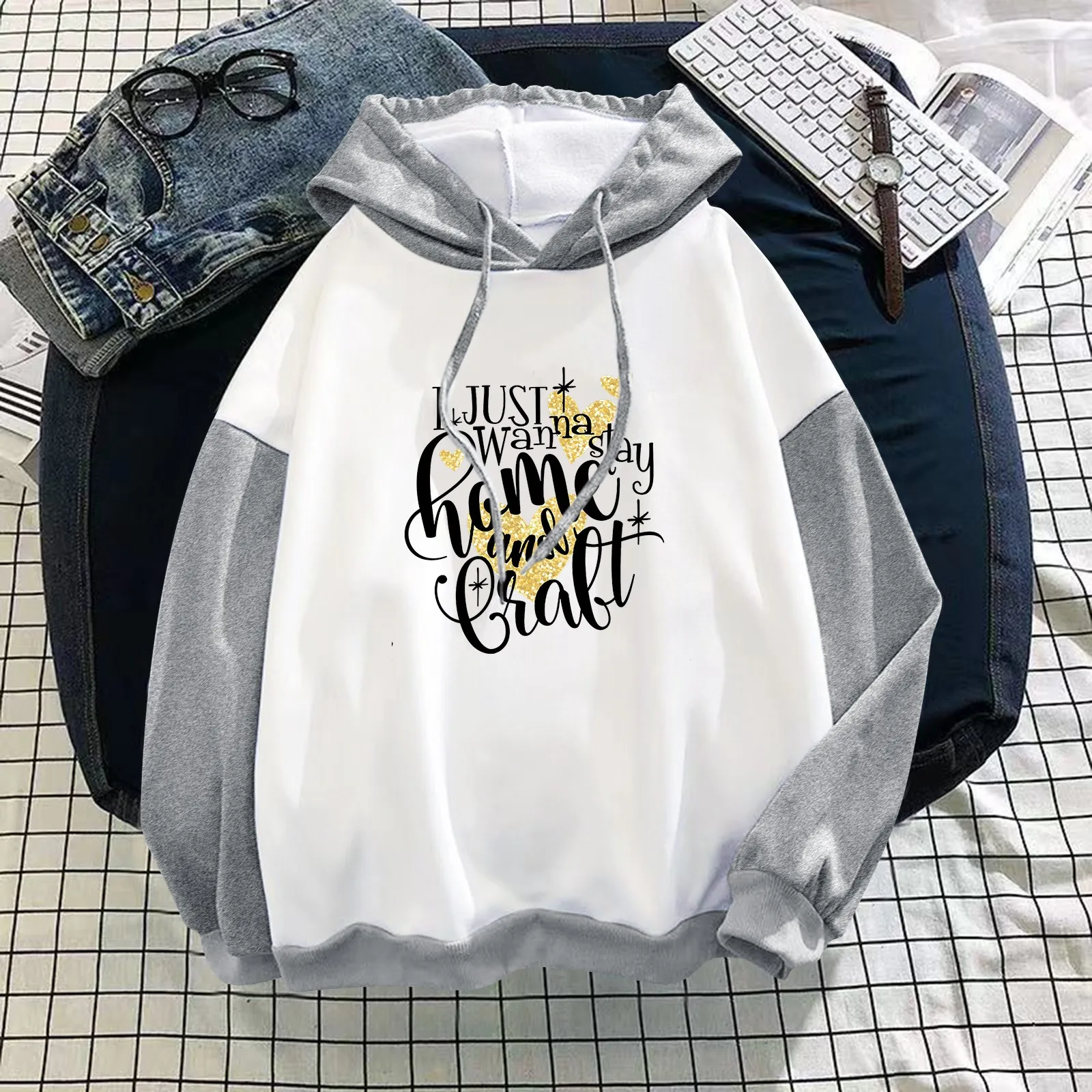 

Women's Casual Tops Long Sleeve Print Drawstring Pullover Splicing Top Hoodie Color Womens Snap up Sweatshirt Plain Hoodies