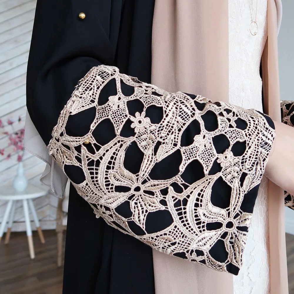 Wepbel Muslim Women's Dress Abaya Islamic Clothing Ramadan Wear Cuff Golden Lace Stitching Black Inlaid Pearl Outer Wear Kimono