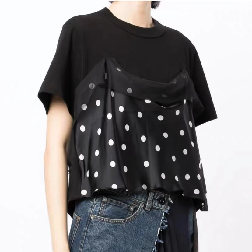 Ladies polka dot stitching short sleeve t-shirt fashion casual women tops