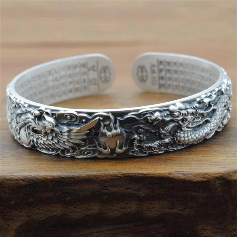 Luxury S999 Silver Dragon and Phoenix Bangles Men's Heart Sutra Carving Vintage Opening Adjustable Bracelet Birthday Gift