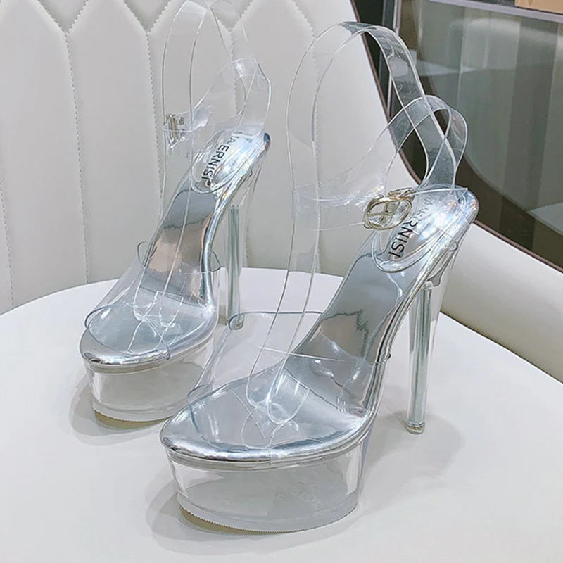 

2022 New Women Sandal Female Model T Station Catwalk Sexy Crystal Transparent Shoes 15CM High Heels Waterproof Head Sandals