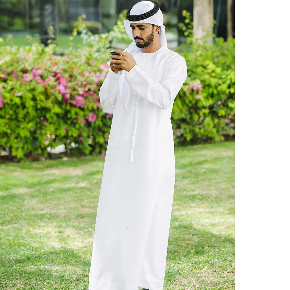 Hot Sale Round Neck Men's Worship Dress Arab Dubai Oman White Robe + Turban + Headband Three Piece Muslim Foreign Trade